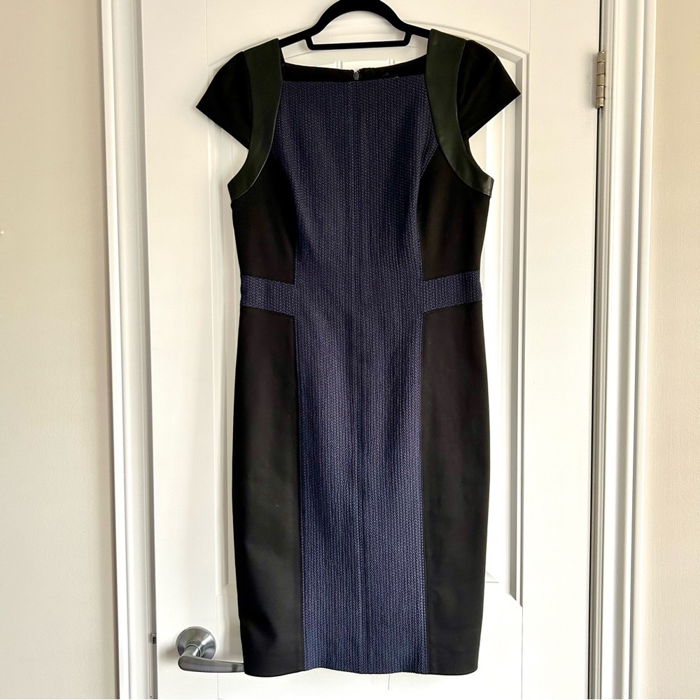 Club Monaco Blue & Black Sheath Dress w/Faux Leather Trim, Size 6